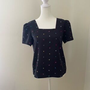 Vintage Sasson Polka Dot Print Square Neck Blouse Size 7/8 Puff Sleeve Black